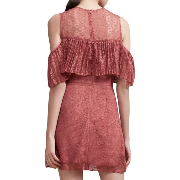 Keepsake Rose Pink Lace Sweetheart Plunge Ruffle Cold Shoulder Mini Pencil Dress - Picture 7 of 16